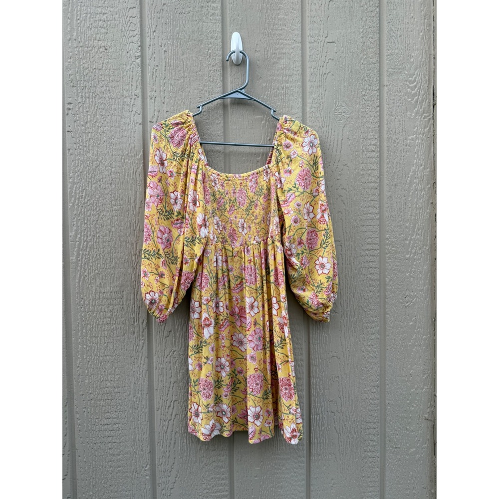 Billabong Large Mini Dress Boho Floral Yellow Smocked Puff Sleeve